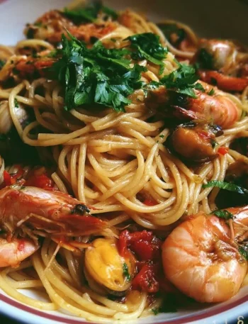 Spaghetti allo scoglio con frutti di mare freschi e pomodorini