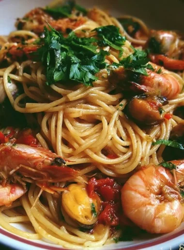 Spaghetti allo scoglio con frutti di mare freschi e pomodorini