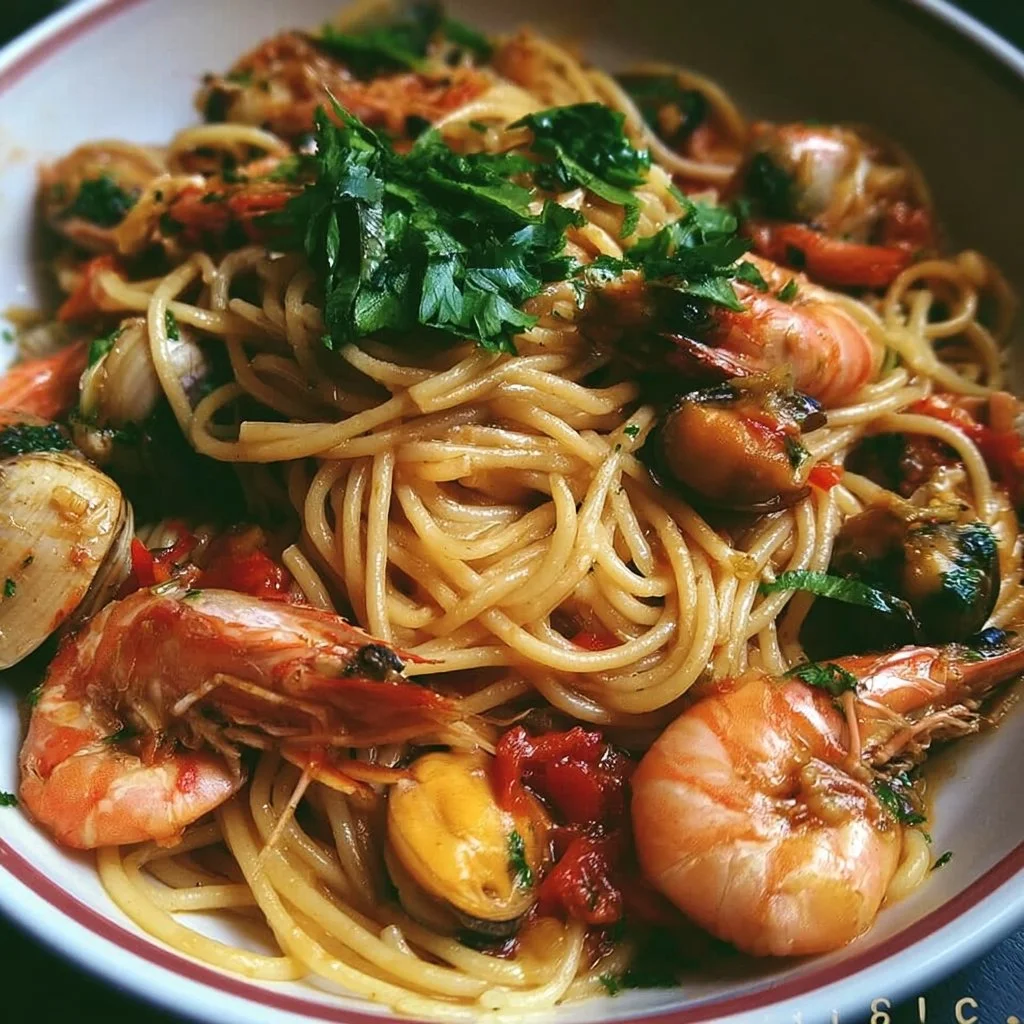 Spaghetti allo scoglio con frutti di mare freschi e pomodorini