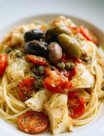 Piatto di Spaghettini con Baccalà, Olive, Capperi e Pomodorini