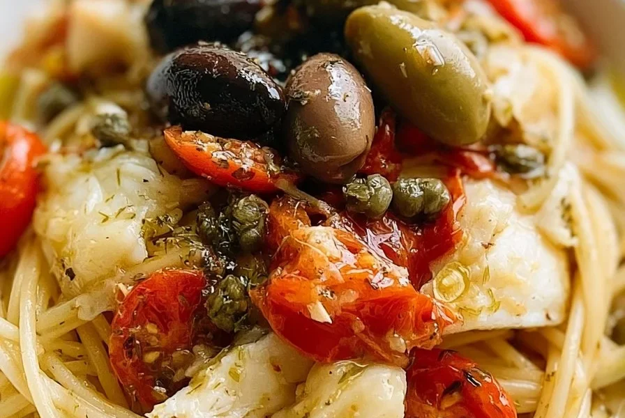 Piatto di Spaghettini con Baccalà, Olive, Capperi e Pomodorini