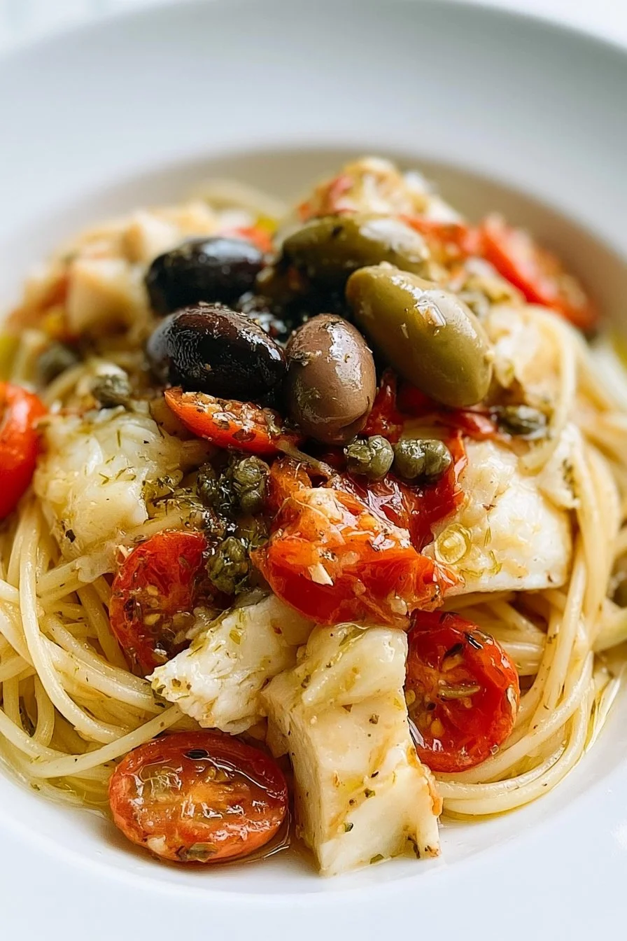 Spaghettini con Baccalà, Olive, Capperi, Pomodorini e Polvere di Capperi