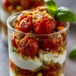 Tiramisu Salato Pomodori e Mozza servito in un piatto elegante