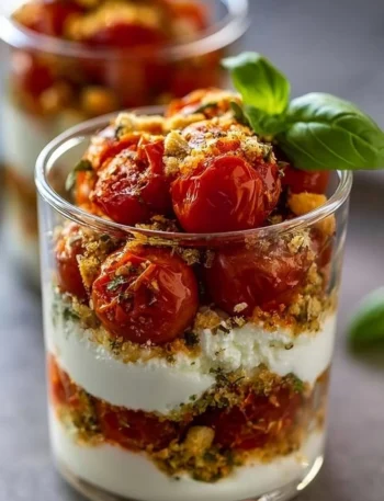 Tiramisu Salato Pomodori e Mozza servito in un piatto elegante