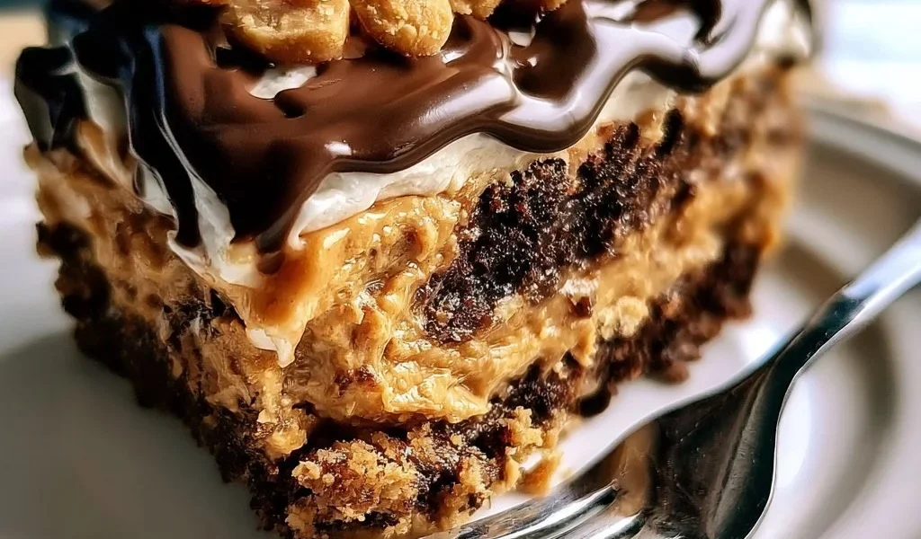 Fetta di torta al burro di arachidi su un piatto con decorazioni al cioccolato