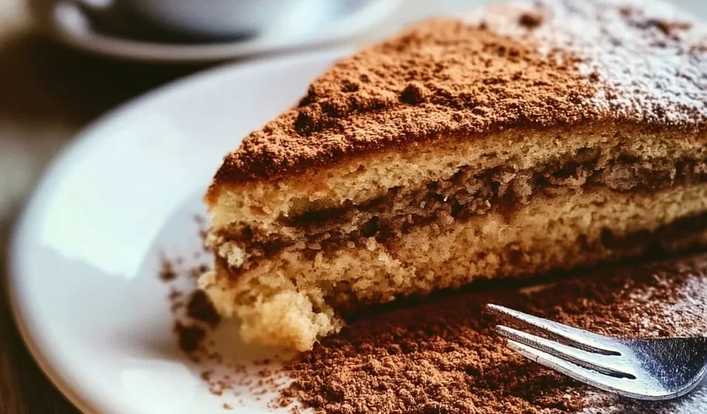 Torta al Caffè servita su piatto, decorata con crema e chicchi di caffè.