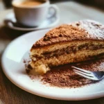 Torta al Caffè servita su piatto, decorata con crema e chicchi di caffè.