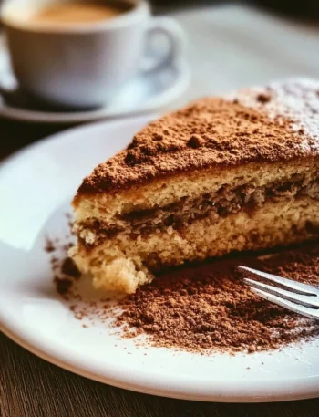 Torta al Caffè servita su piatto, decorata con crema e chicchi di caffè.