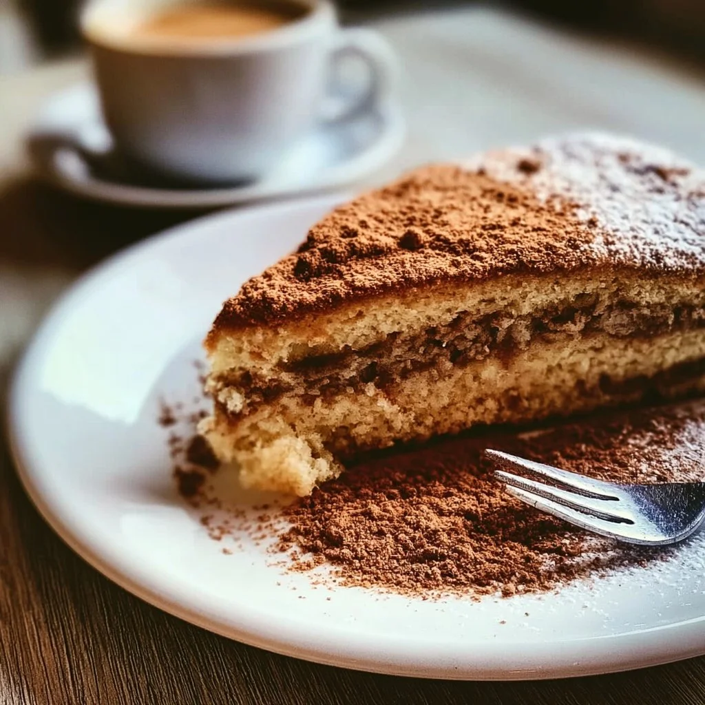 Torta al Caffè servita su piatto, decorata con crema e chicchi di caffè.