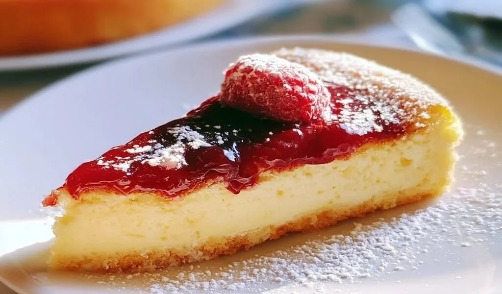 Torta allo yogurt greco con confettura di lamponi, cremosa e deliziosa