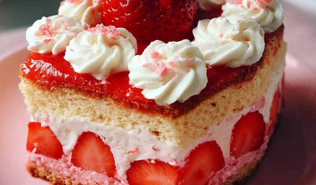Torta d'Amore alla Fragola decorata con fragole fresche e panna montata