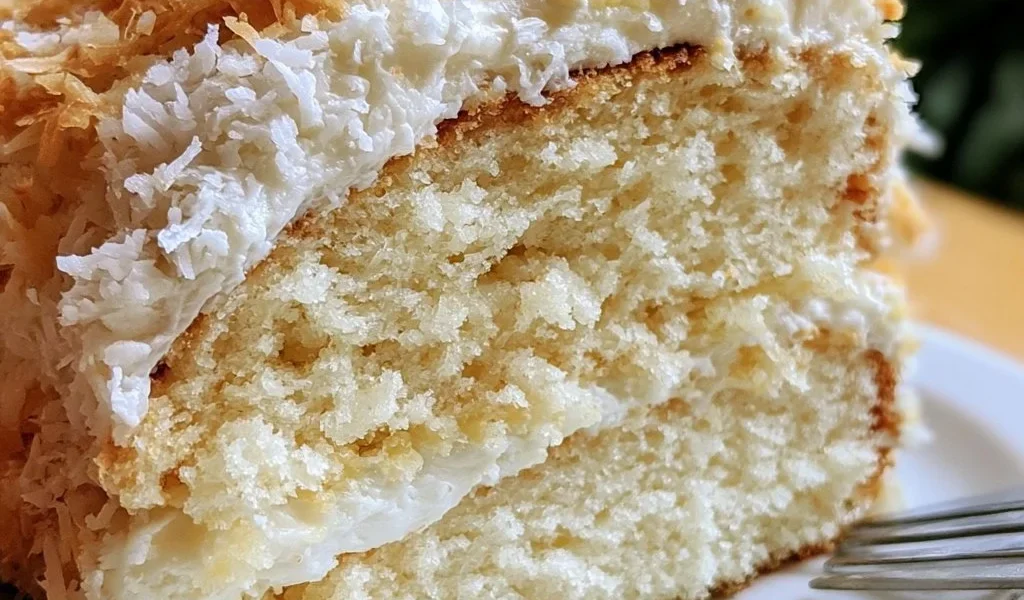 Torta di Cocco del Sud decorata con cocco grattugiato e frutta fresca