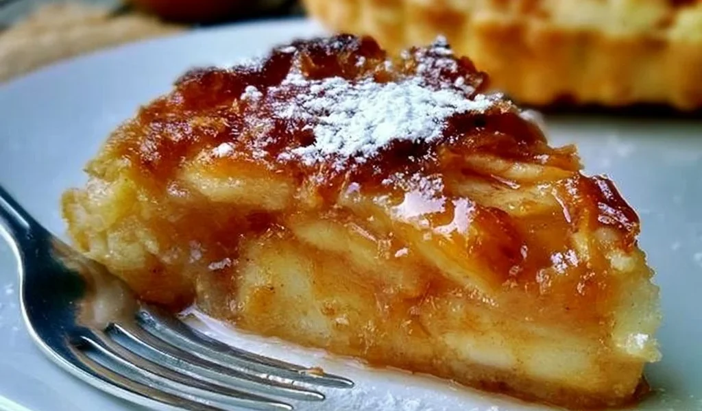 Fetta di torta di mele appena sfornata con mele fresche e cannella