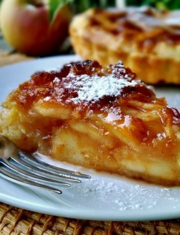 Fetta di torta di mele appena sfornata con mele fresche e cannella