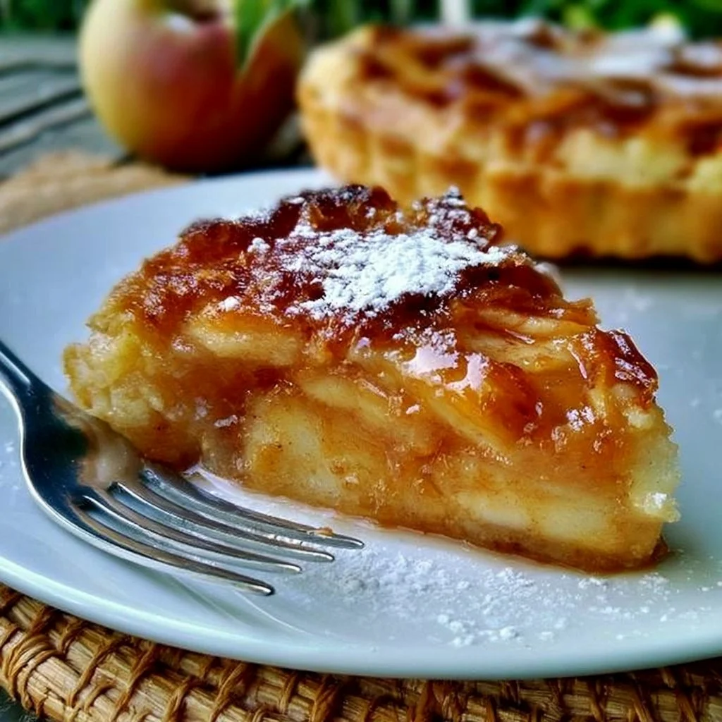 Fetta di torta di mele appena sfornata con mele fresche e cannella