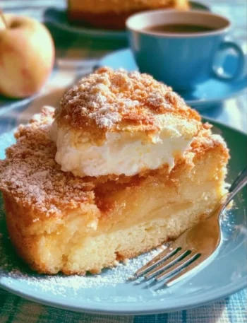 Torta di mele con crema soufflé appena sfornata su un piatto decorativo.