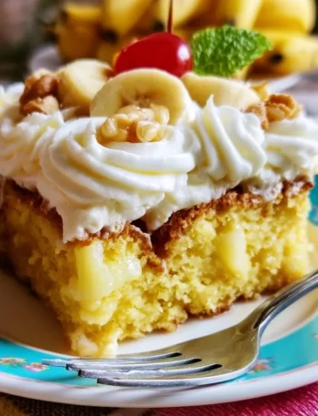 Torta Poke Ananas e Banana decorata con fette di frutta fresca