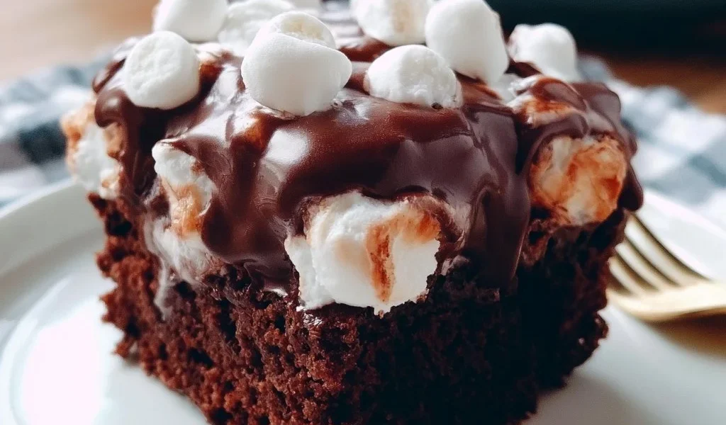 Torta Poke di Cioccolato con marshmallow topping e decorazioni dolci