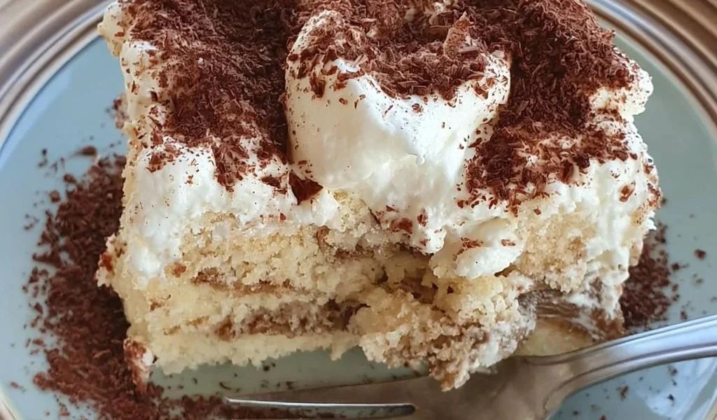 Torta Poke Tiramisu decorata con cacao e panna montata