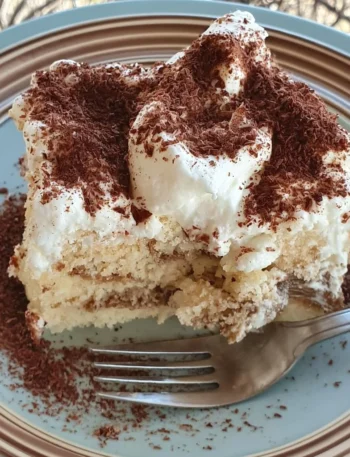 Torta Poke Tiramisu decorata con cacao e panna montata
