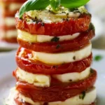 Tortino Caprese con pomodori arrosto su un piatto, decorato con basilico fresco