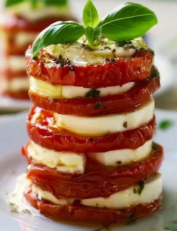 Tortino Caprese con pomodori arrosto su un piatto, decorato con basilico fresco