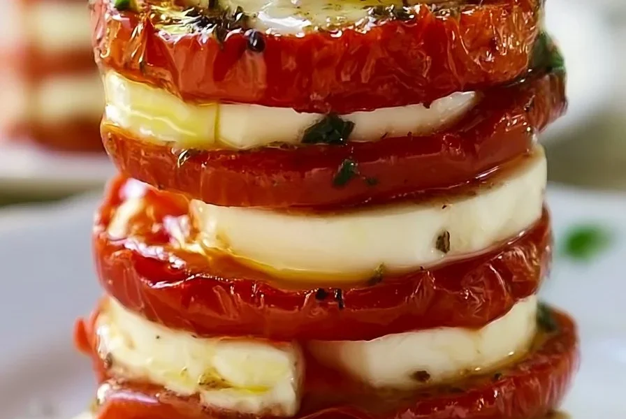 Tortino Caprese con pomodori arrosto su un piatto, decorato con basilico fresco