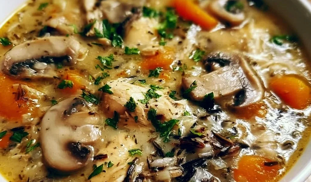 Zuppa di Pollo con Funghi e Riso Selvatico in una ciotola calda
