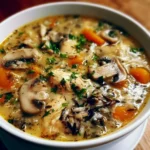 Zuppa di Pollo con Funghi e Riso Selvatico in una ciotola calda