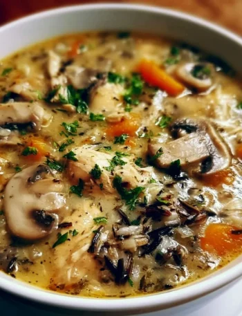 Zuppa di Pollo con Funghi e Riso Selvatico in una ciotola calda