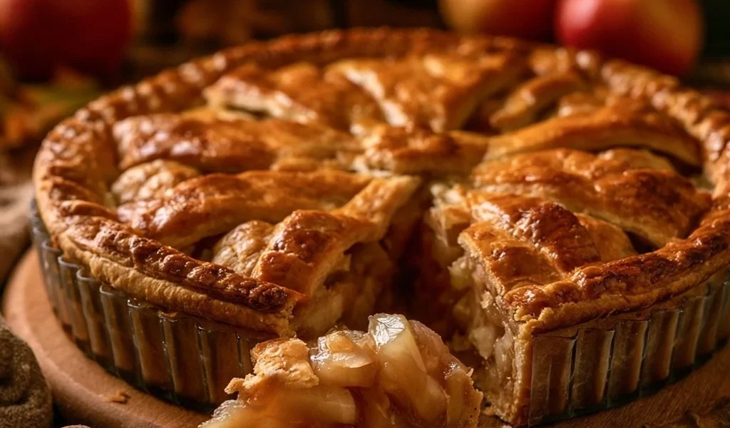 Beautifully styled apple pie with pastry on a rustic wooden table.