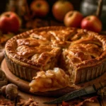Beautifully styled apple pie with pastry on a rustic wooden table.