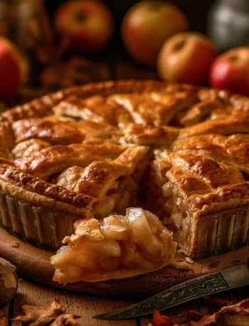 Beautifully styled apple pie with pastry on a rustic wooden table.