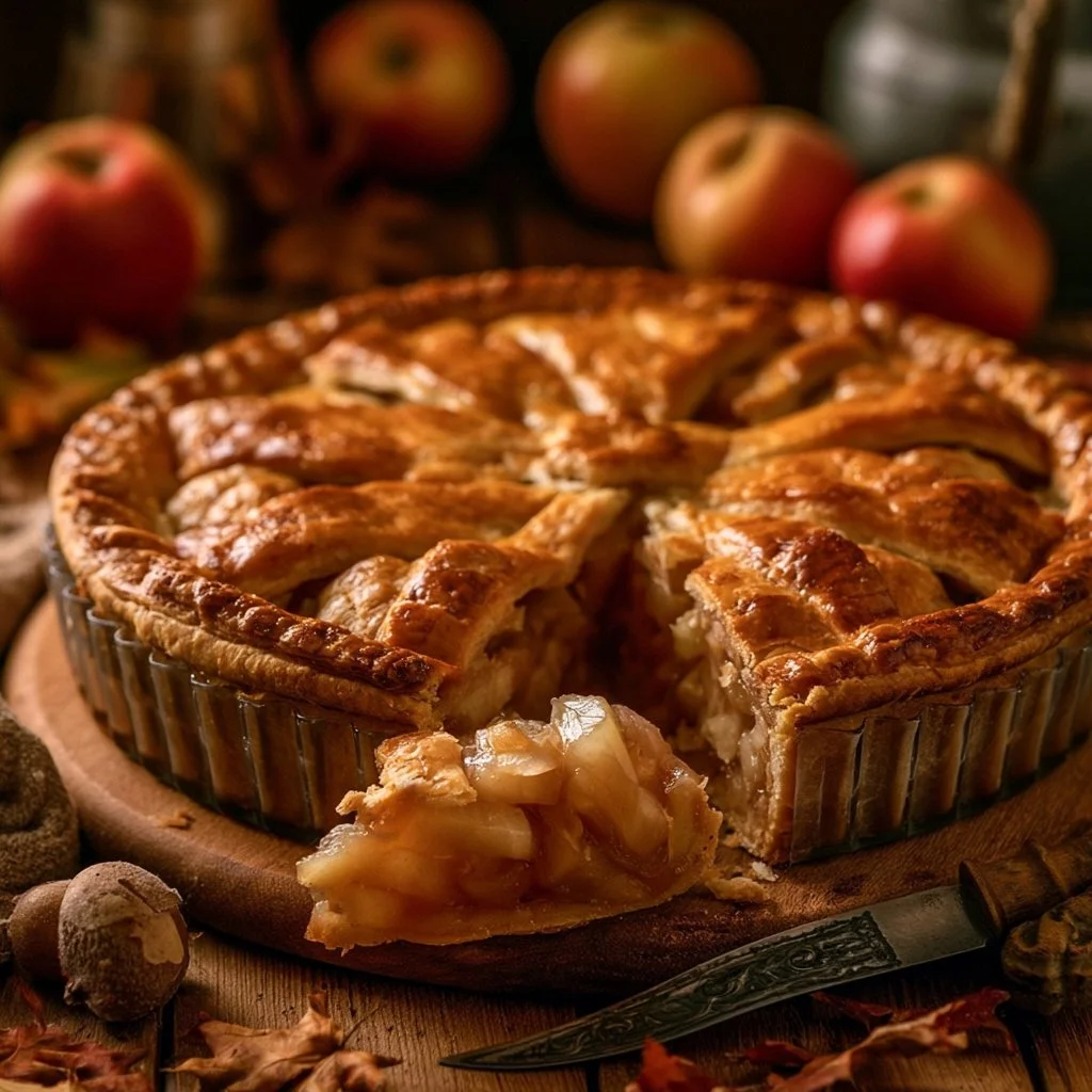 Beautifully styled apple pie with pastry on a rustic wooden table.