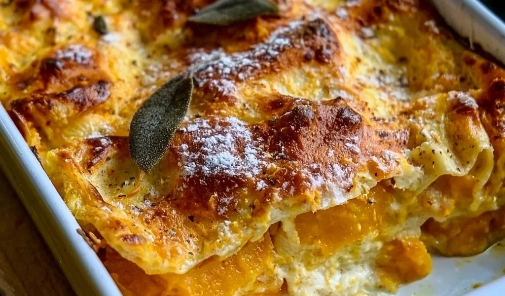 Delicious autumn pumpkin lasagna with layers of rich pumpkin and cheese