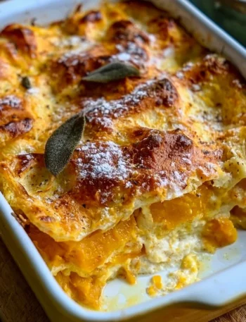 Delicious autumn pumpkin lasagna with layers of rich pumpkin and cheese