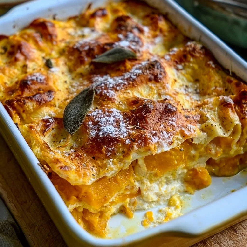 Delicious autumn pumpkin lasagna with layers of rich pumpkin and cheese
