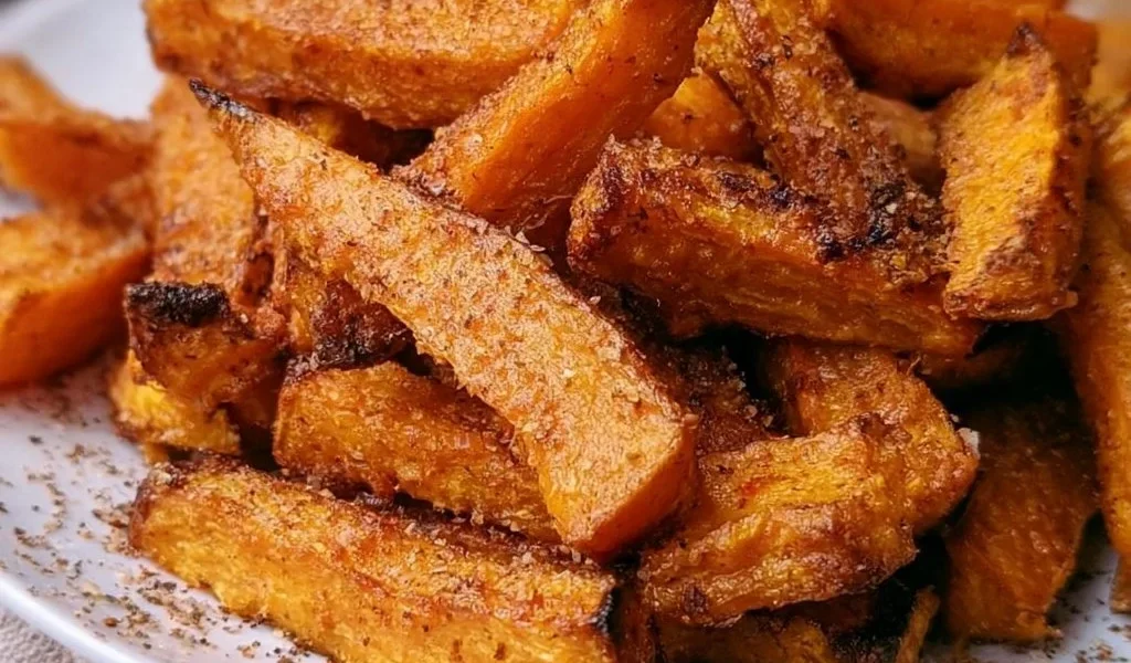 Baked pumpkin sticks served with a yogurt dipping sauce on a plate.