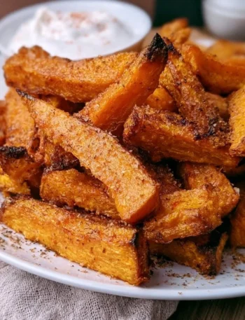Baked pumpkin sticks served with a yogurt dipping sauce on a plate.