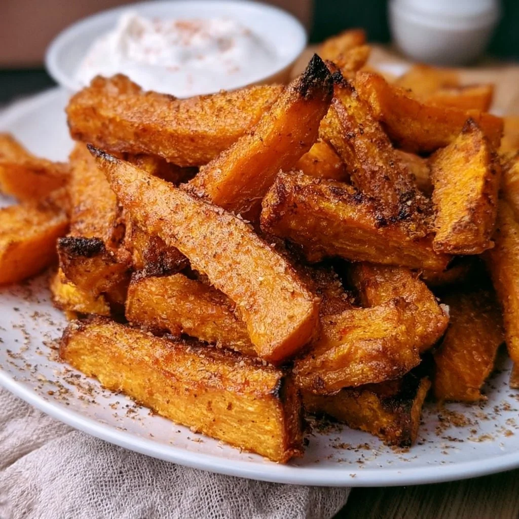 Baked pumpkin sticks served with a yogurt dipping sauce on a plate.