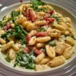 Cavatelli con speck, crema di patate e rucola, un piatto tradizionale italiano