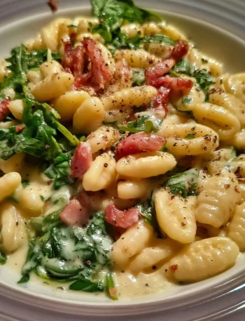 Cavatelli con speck, crema di patate e rucola, un piatto tradizionale italiano
