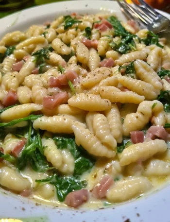 Cavatelli con speck, rucola e crema di patate, piatto gustoso e appetitoso.