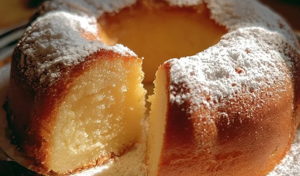 Ciambellone soffice appena sfornato su un piatto decorativo.