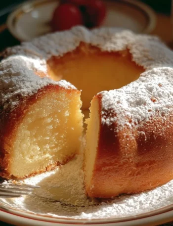 Ciambellone soffice appena sfornato su un piatto decorativo.