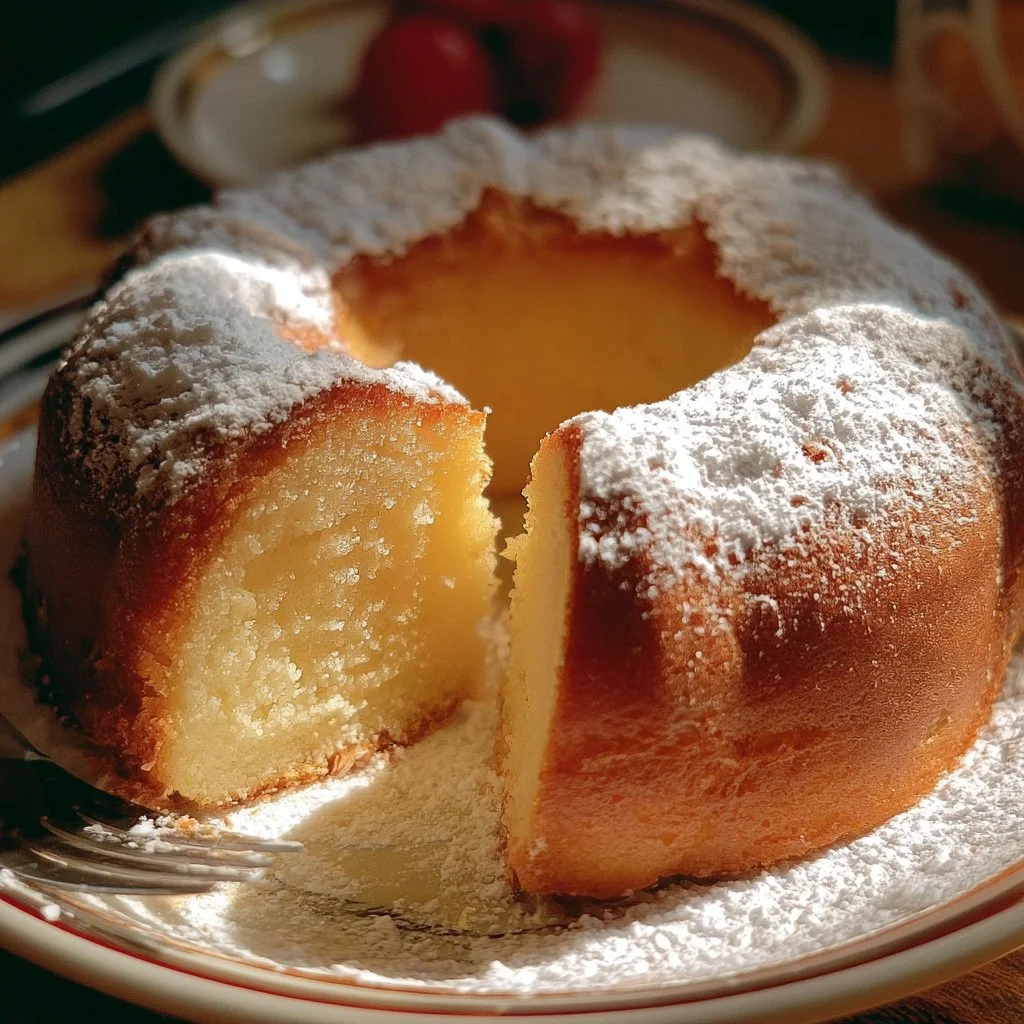 Ciambellone soffice appena sfornato su un piatto decorativo.