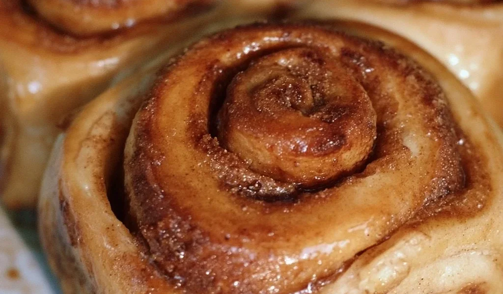 Freshly baked cinnamon buns with sweet icing and cinnamon swirl