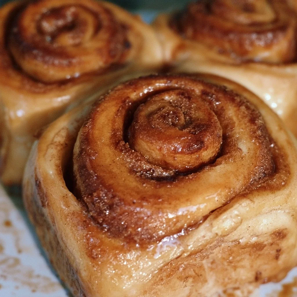 Freshly baked cinnamon buns with sweet icing and cinnamon swirl