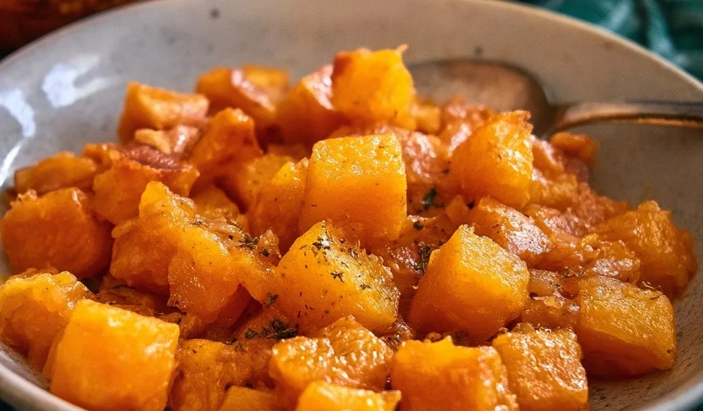 Contorno di zucca colorato e gustoso in una ciotola di ceramica