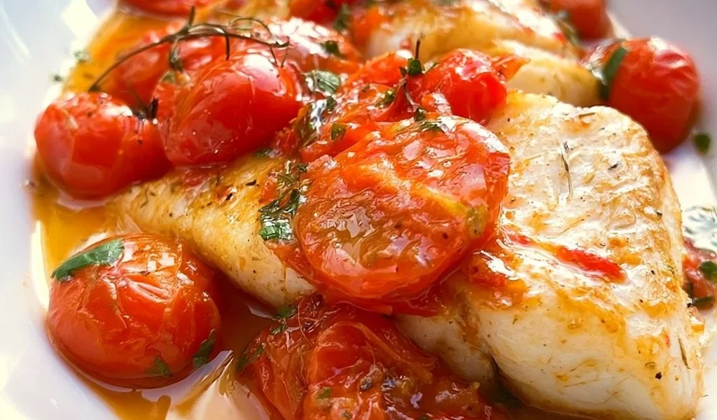 Filetti di merluzzo cucinati con pomodorini freschi nel piatto
